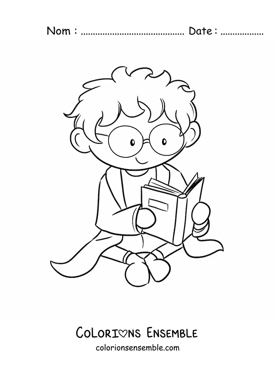 Coloriage d'un scientifique kawaii assis qui lit un livre de sciences
