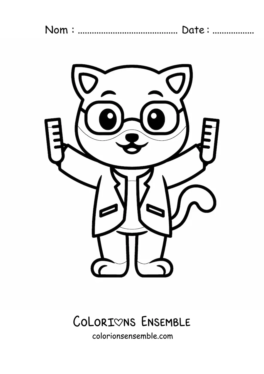 Coloriage d'un chat scientifique kawaii avec des produits chimiques