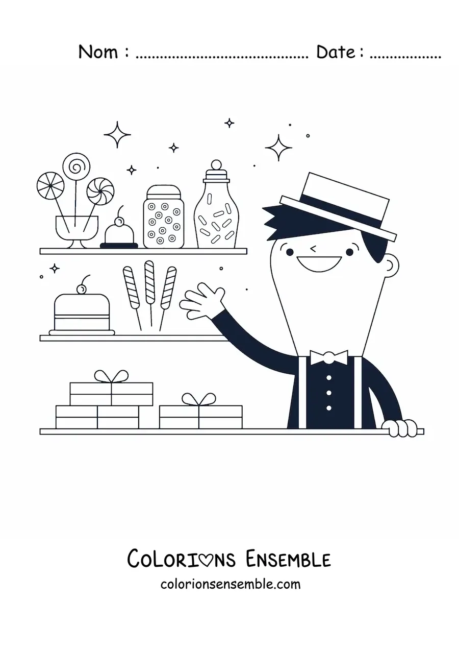 Image à colorier d'un vendeur de sucettes et de friandises