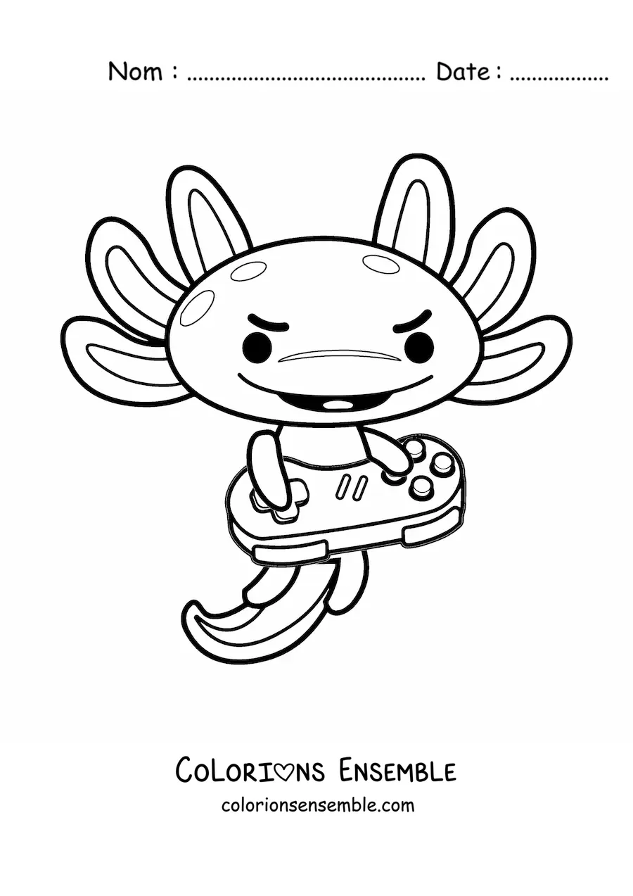 Coloriage d'un axolotl kawaii qui joue aux jeux vidéo
