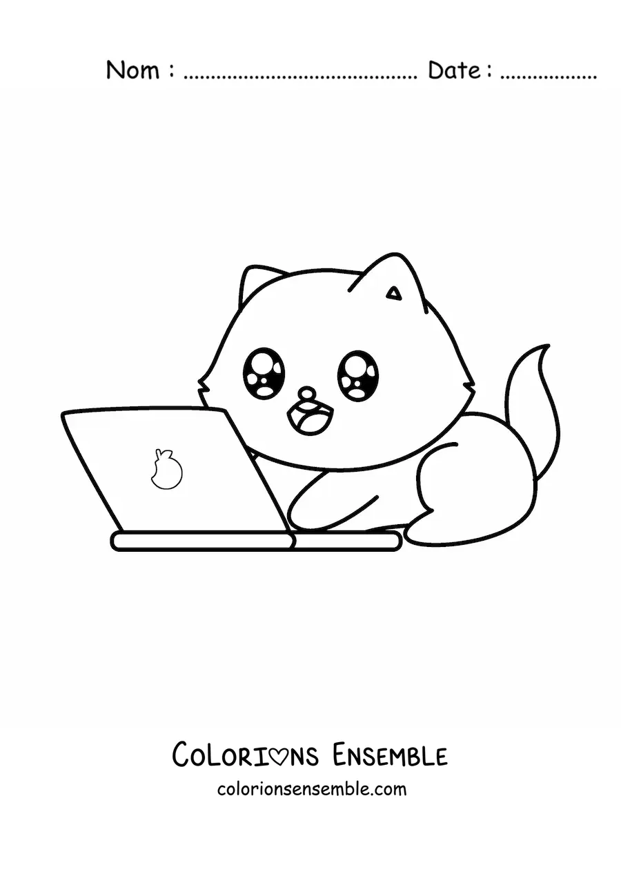 Coloriage d'un chat kawaii qui utilise un ordinateur portable