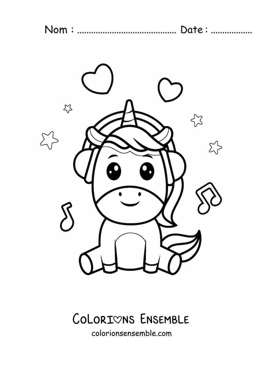 Coloriage d'une licorne kawaii assise qui écoute de la musique avec un casque