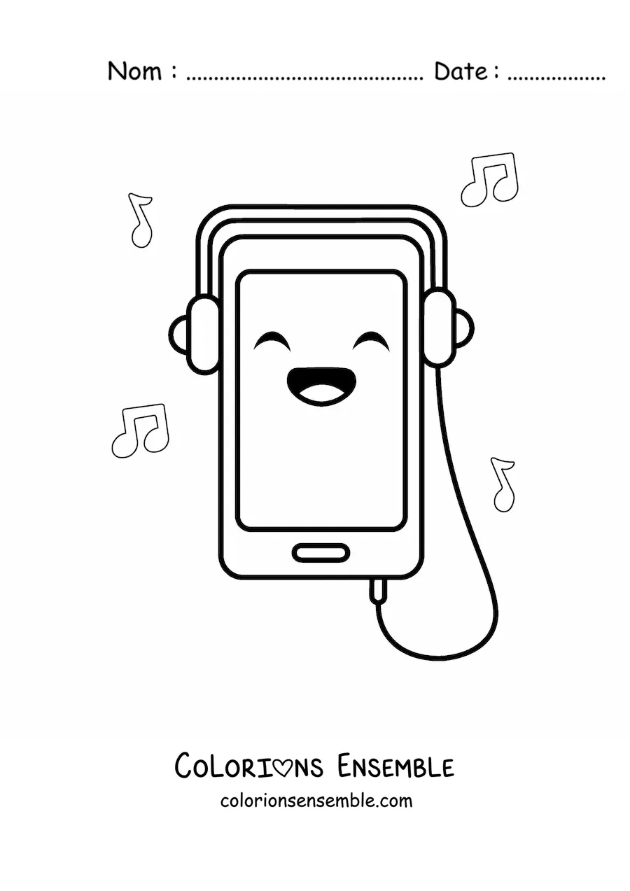 Coloriage d'un smartphone kawaii avec un casque