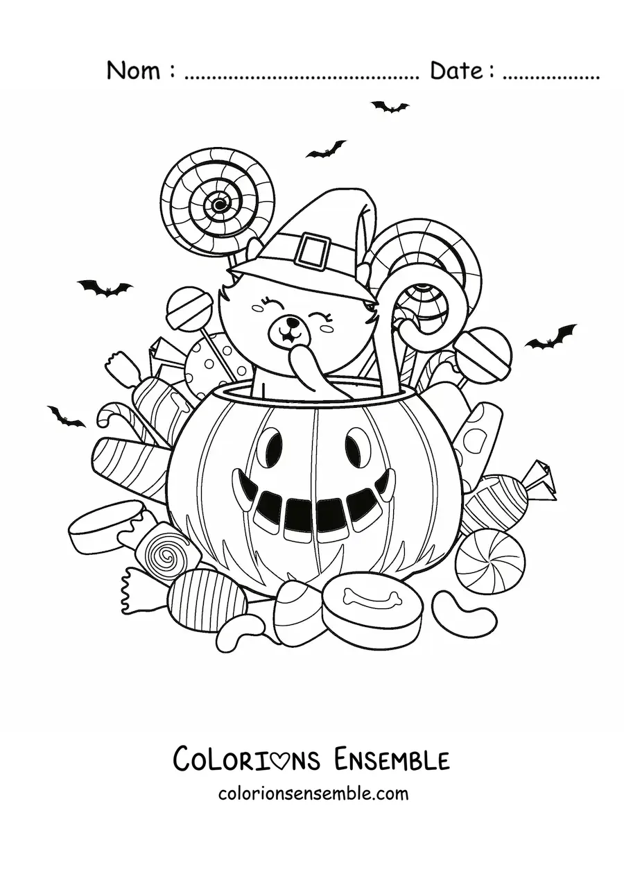 Image à colorier d'un chat dans une citrouille d'Halloween avec des sucettes et des bonbons