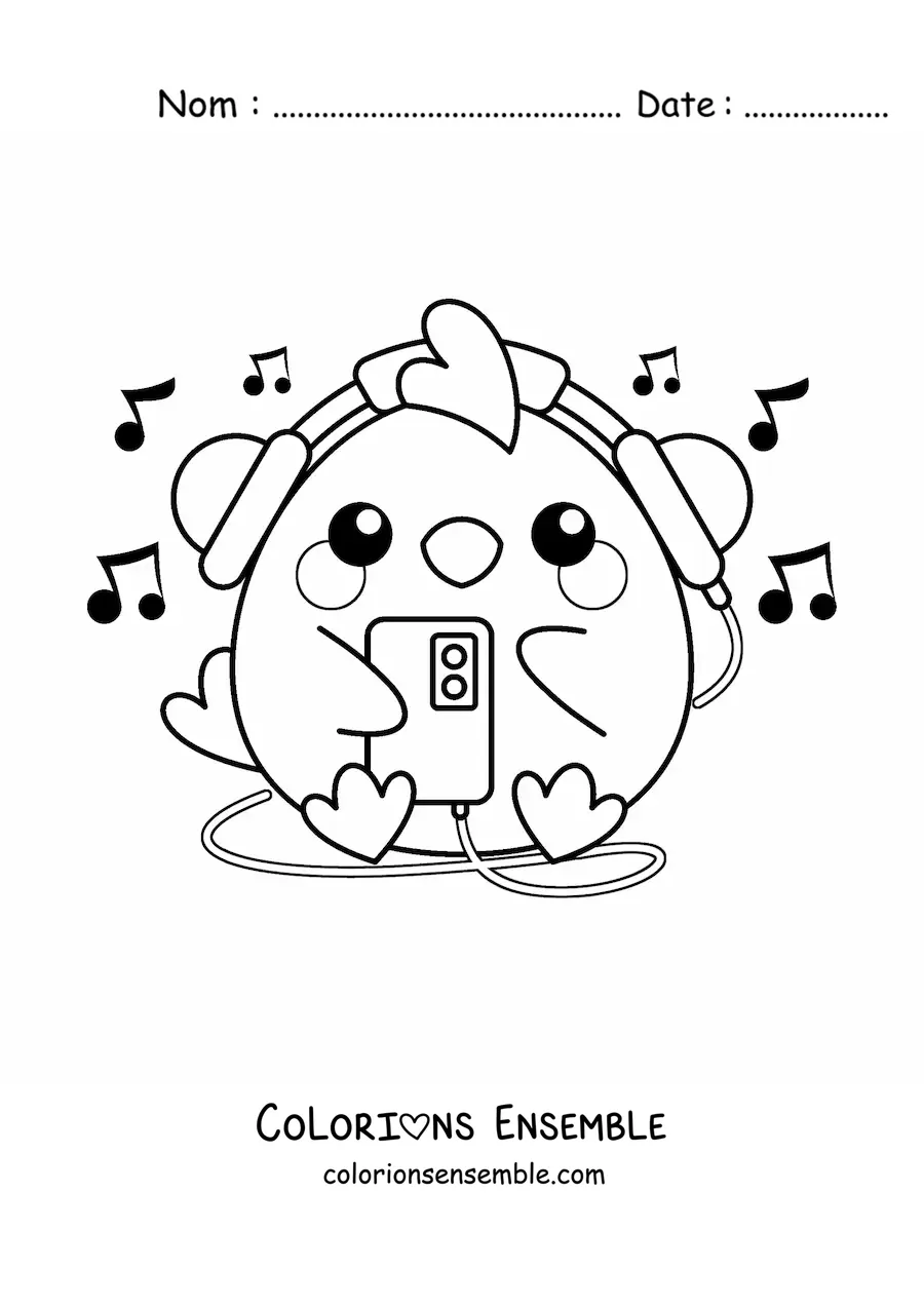 Coloriage d'un poussin kawaii qui écoute de la musique sur son téléphone
