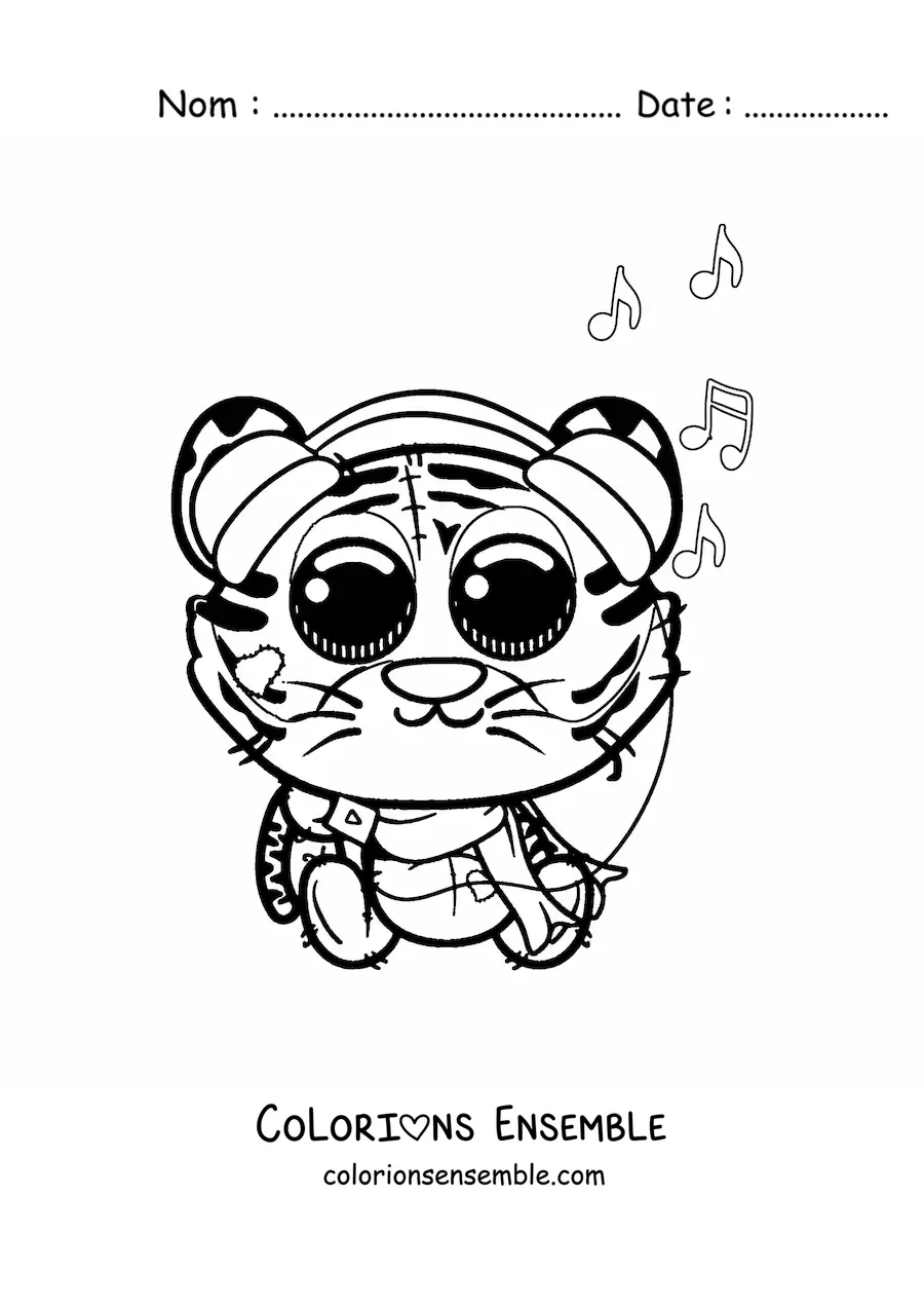 Coloriage d'un tigre kawaii qui écoute de la musique sur un baladeur