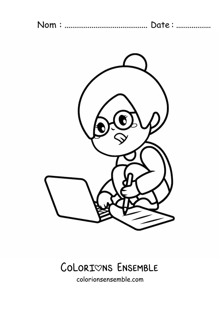 Coloriage d'une fille kawaii qui fait ses devoirs sur son ordinateur portable