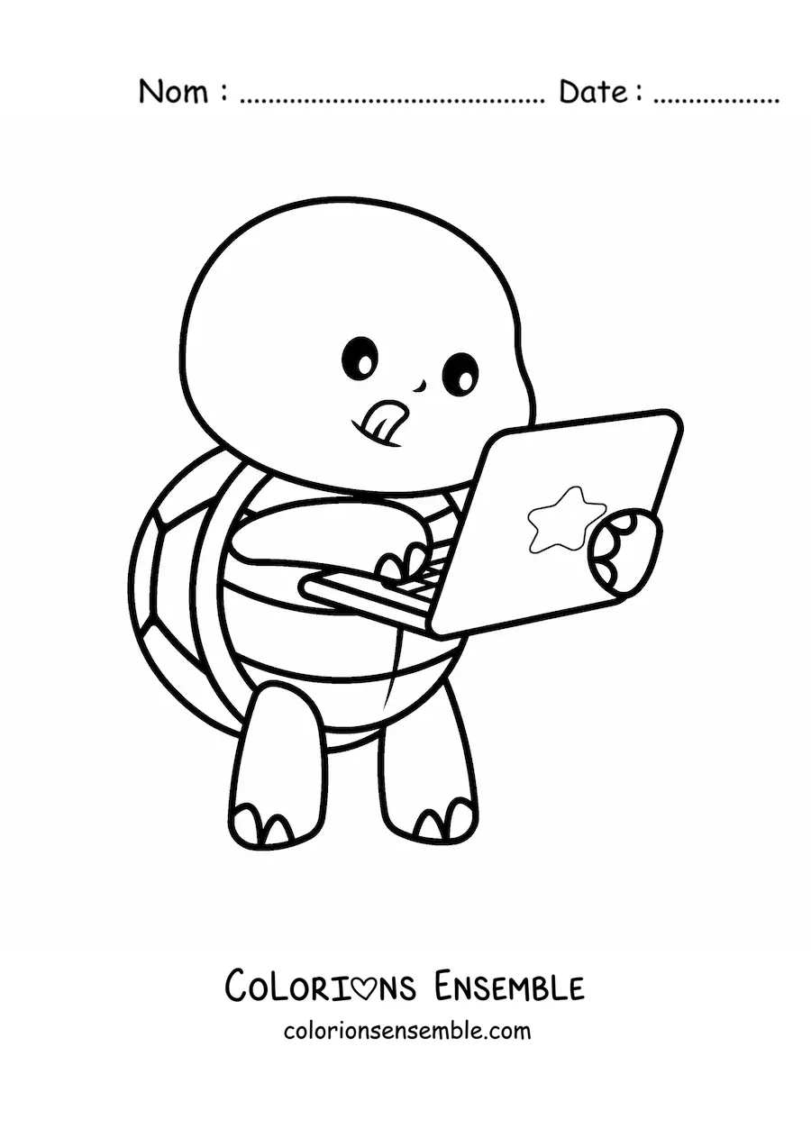 Coloriage d'une tortue kawaii qui utilise un ordinateur portable