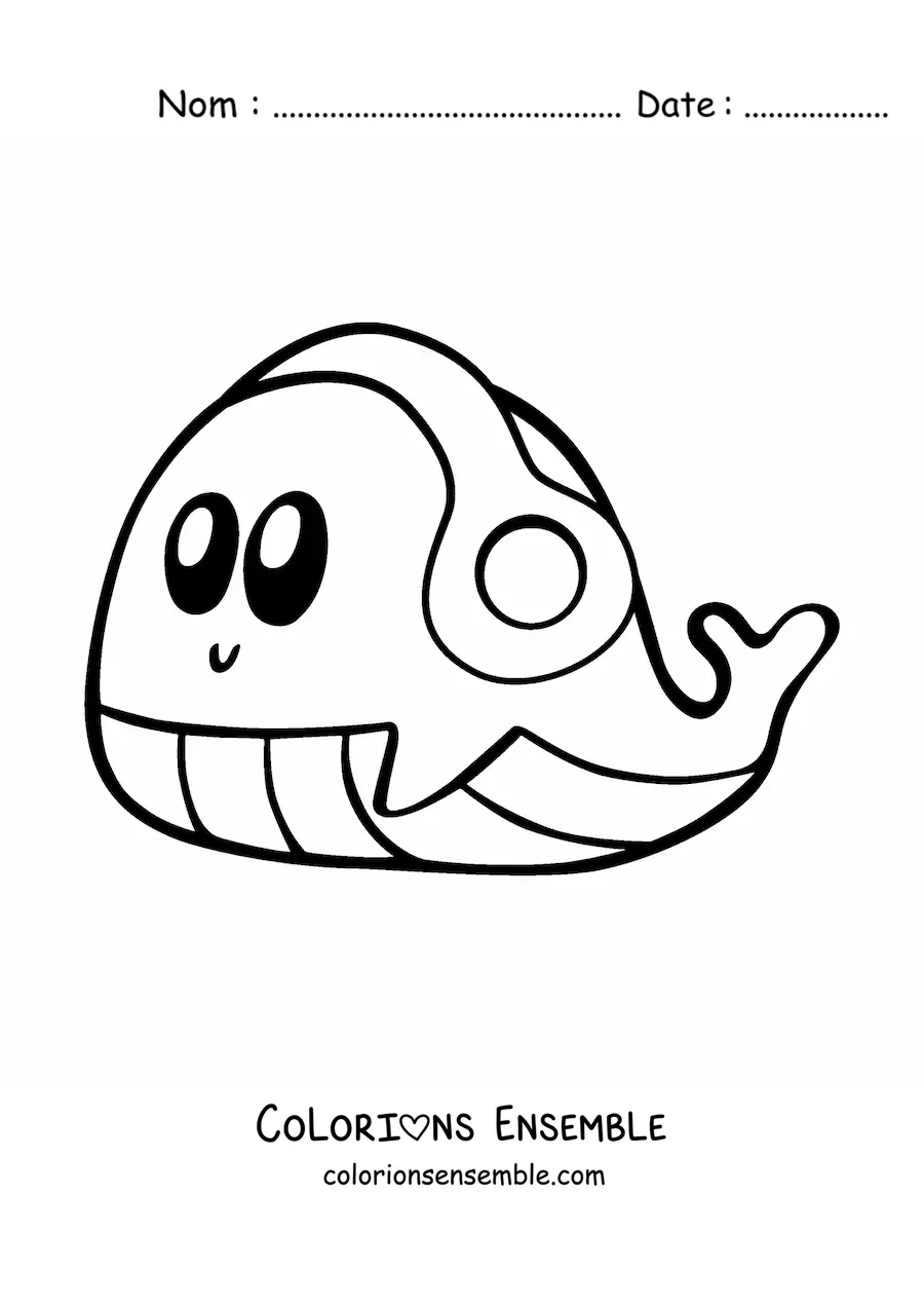 Coloriage d'une grande baleine kawaii qui écoute de la musique avec un casque
