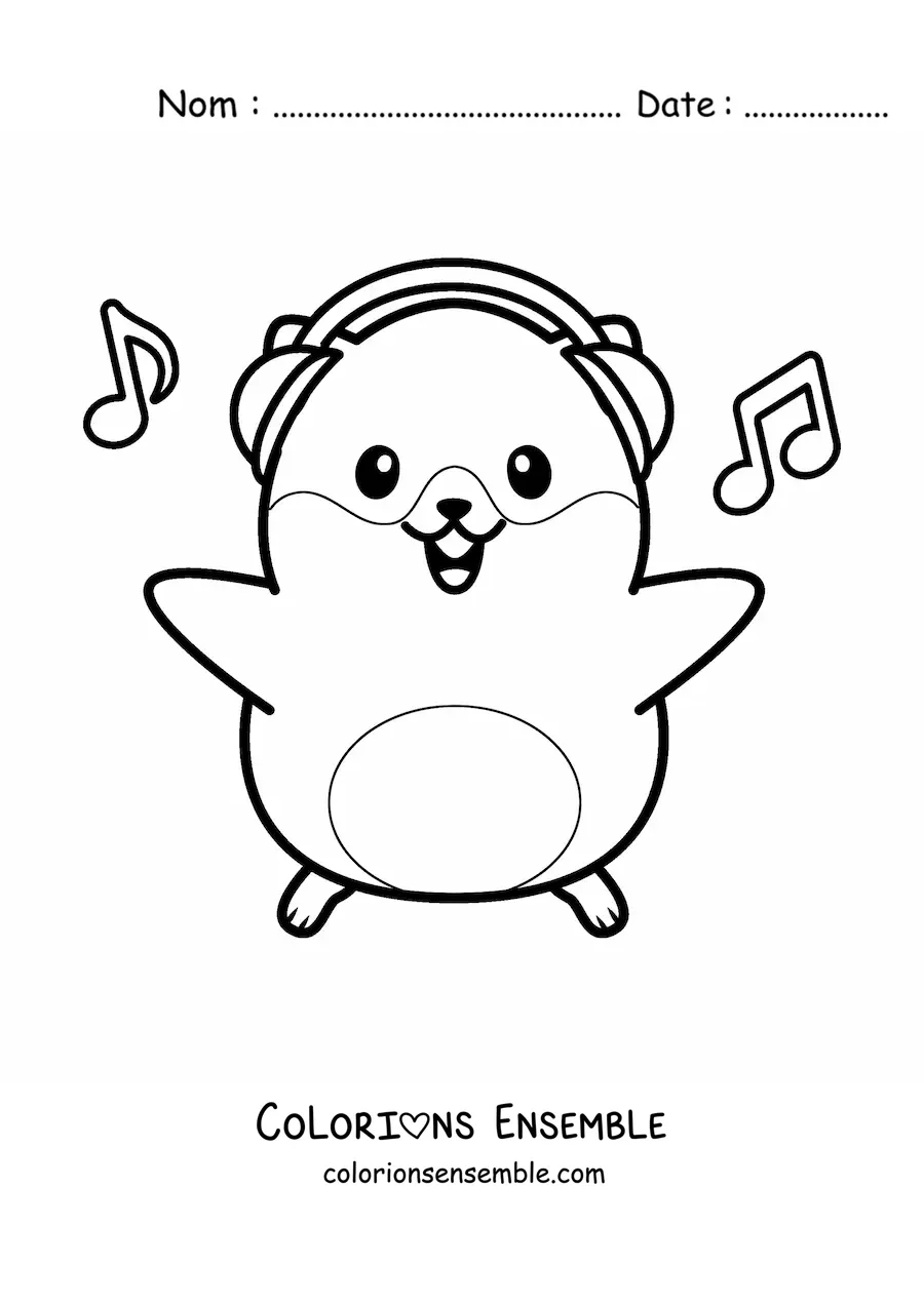 Coloriage d'un grand hamster kawaii qui écoute de la musique avec un casque