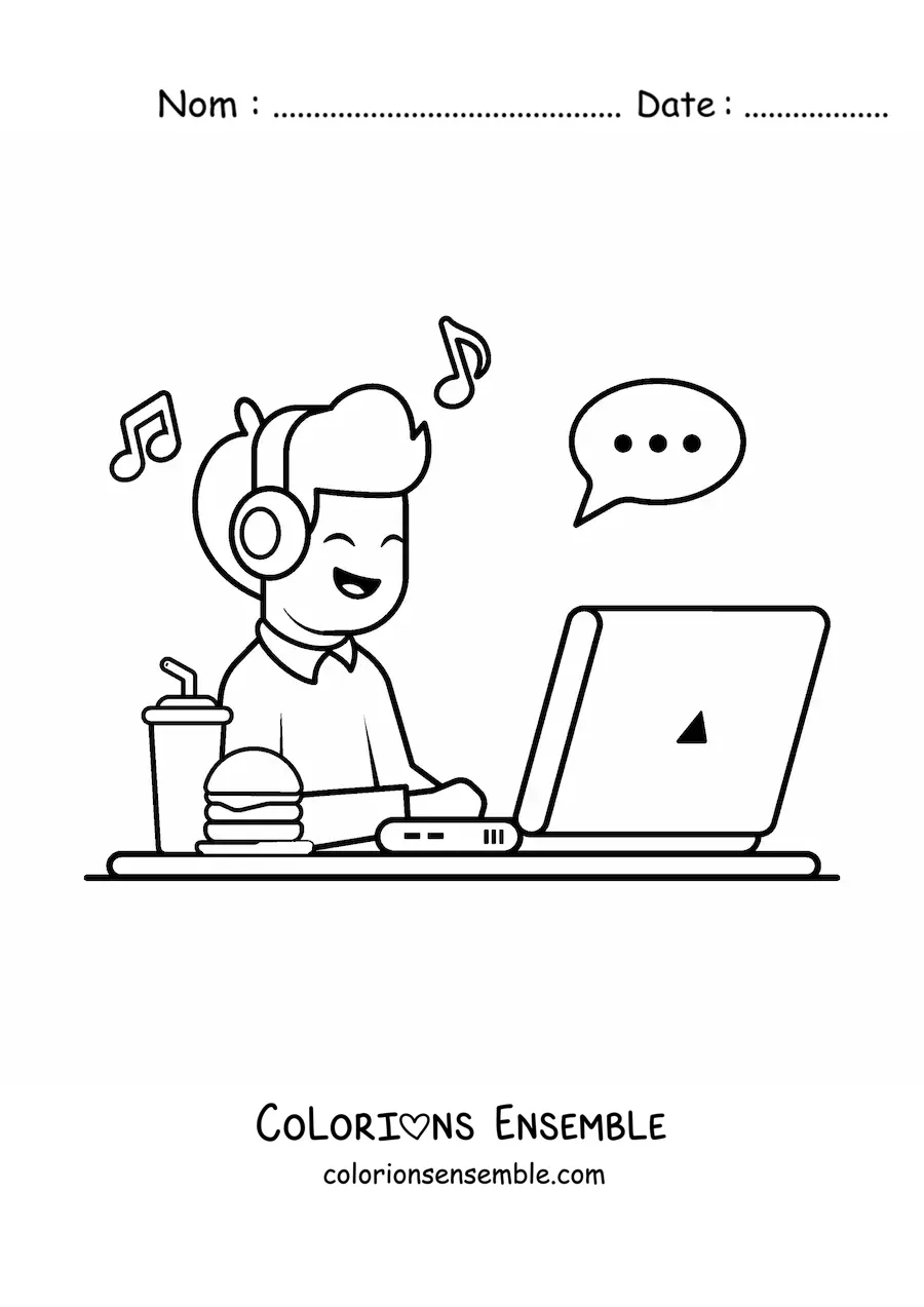 Coloriage d'un garçon kawaii qui écoute de la musique sur un ordinateur portable