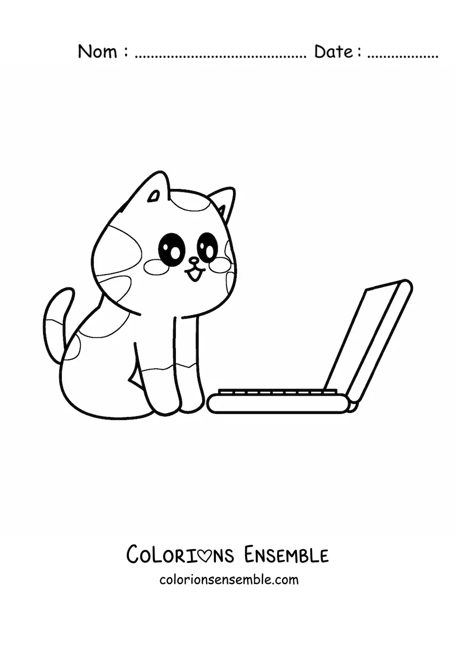 Coloriage d'un chat kawaii assis devant un ordinateur portable