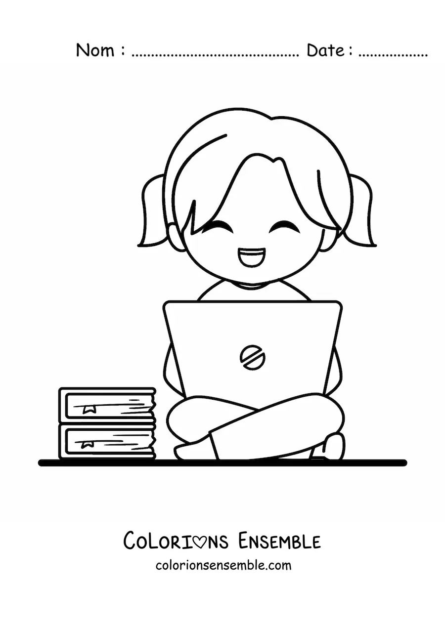 Coloriage d'une fille kawaii qui étudie sur son ordinateur portable