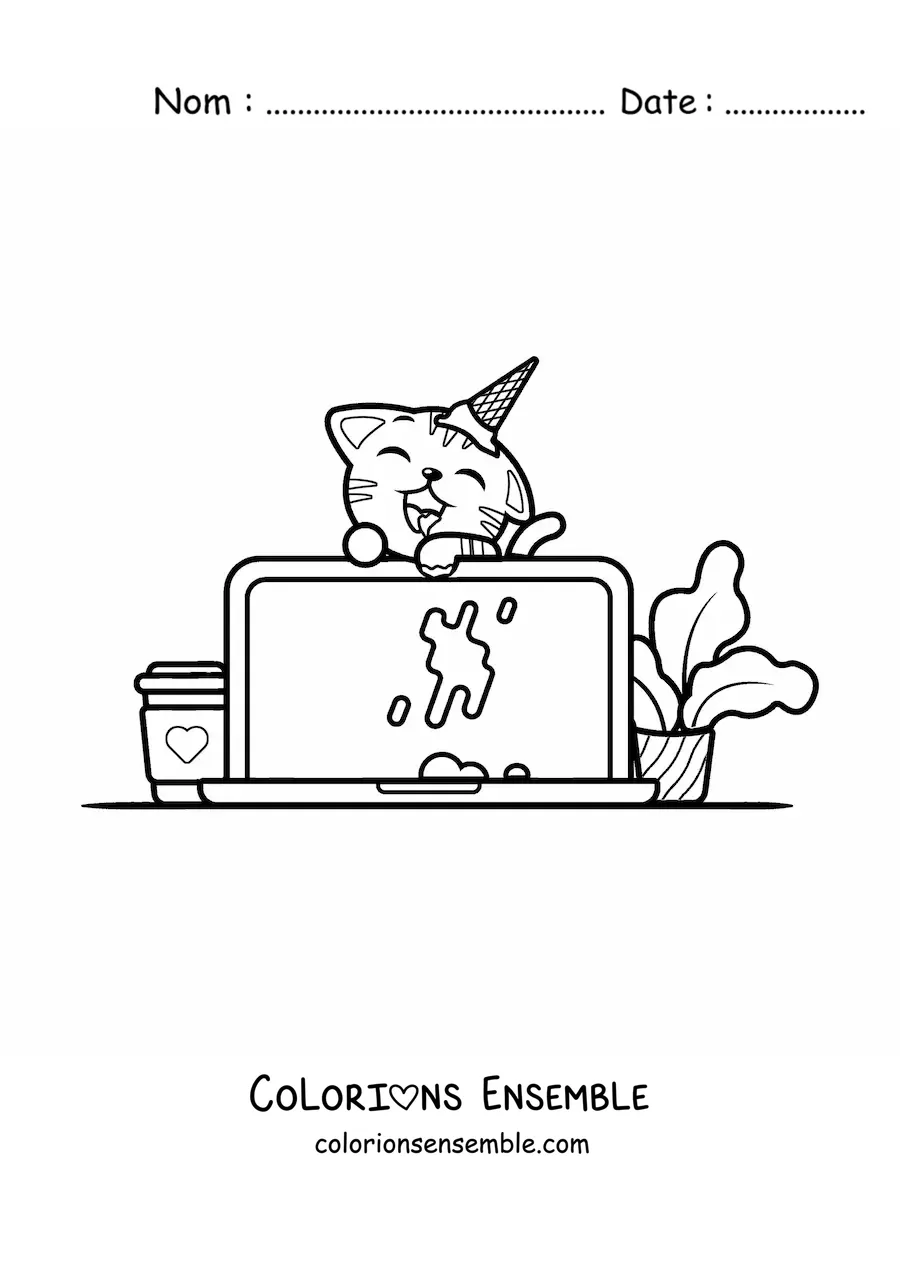 Coloriage d'un chat kawaii qui salit un ordinateur portable avec de la glace