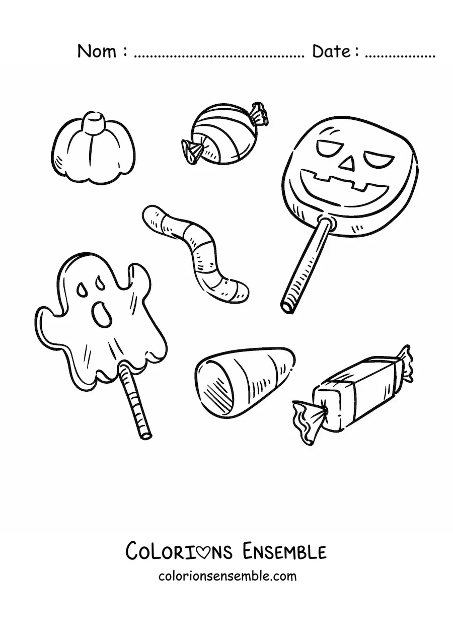Image à colorier de plusieurs sucettes d'Halloween et de bonbons