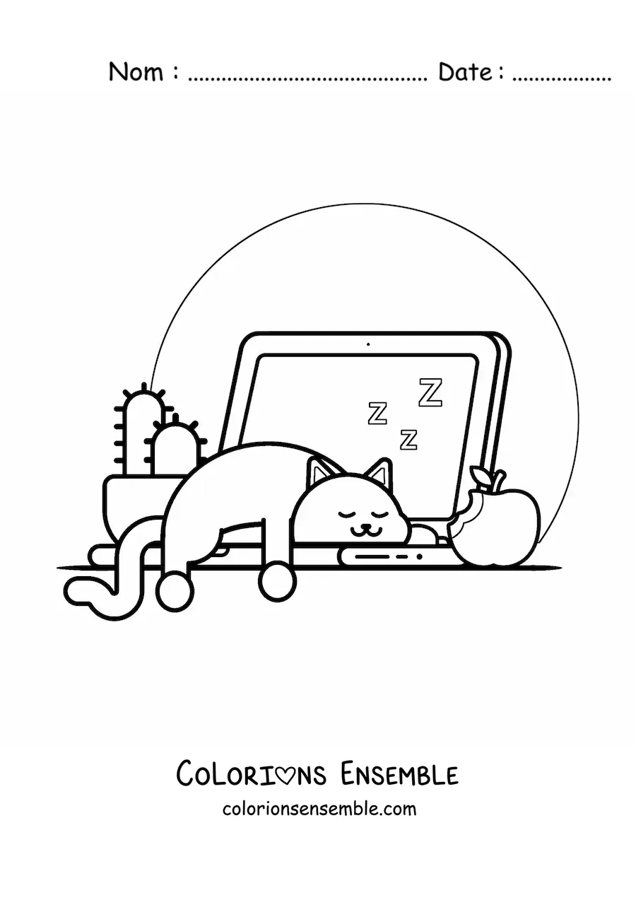 Coloriage d'un chat kawaii qui dort sur un ordinateur portable