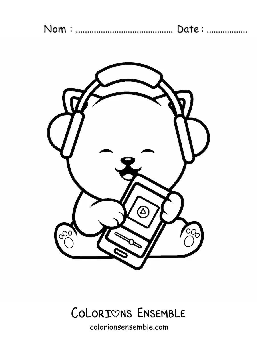 Coloriage d'un chat kawaii qui écoute de la musique sur son smartphone