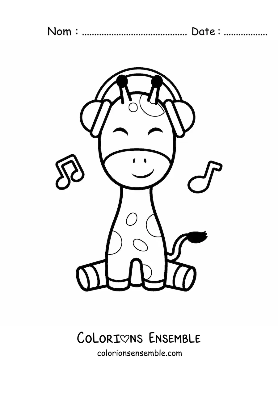 Coloriage d'une girafe kawaii assise qui écoute de la musique avec un casque