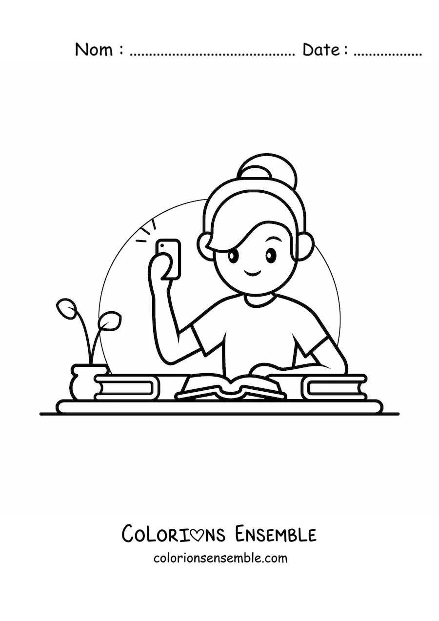 Coloriage d'une fille kawaii qui prend ses notes en photo avec son téléphone