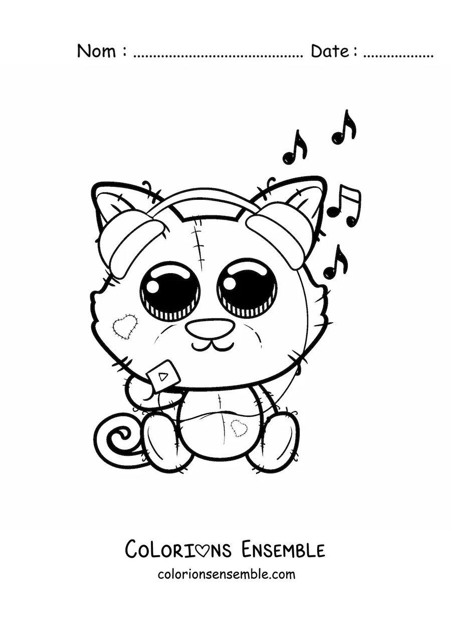 Coloriage d'un chat kawaii qui écoute de la musique sur un baladeur