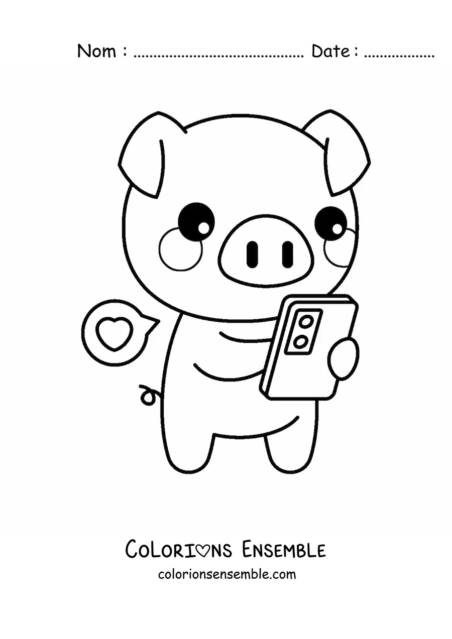 Coloriage d'un petit cochon kawaii qui discute sur son téléphone