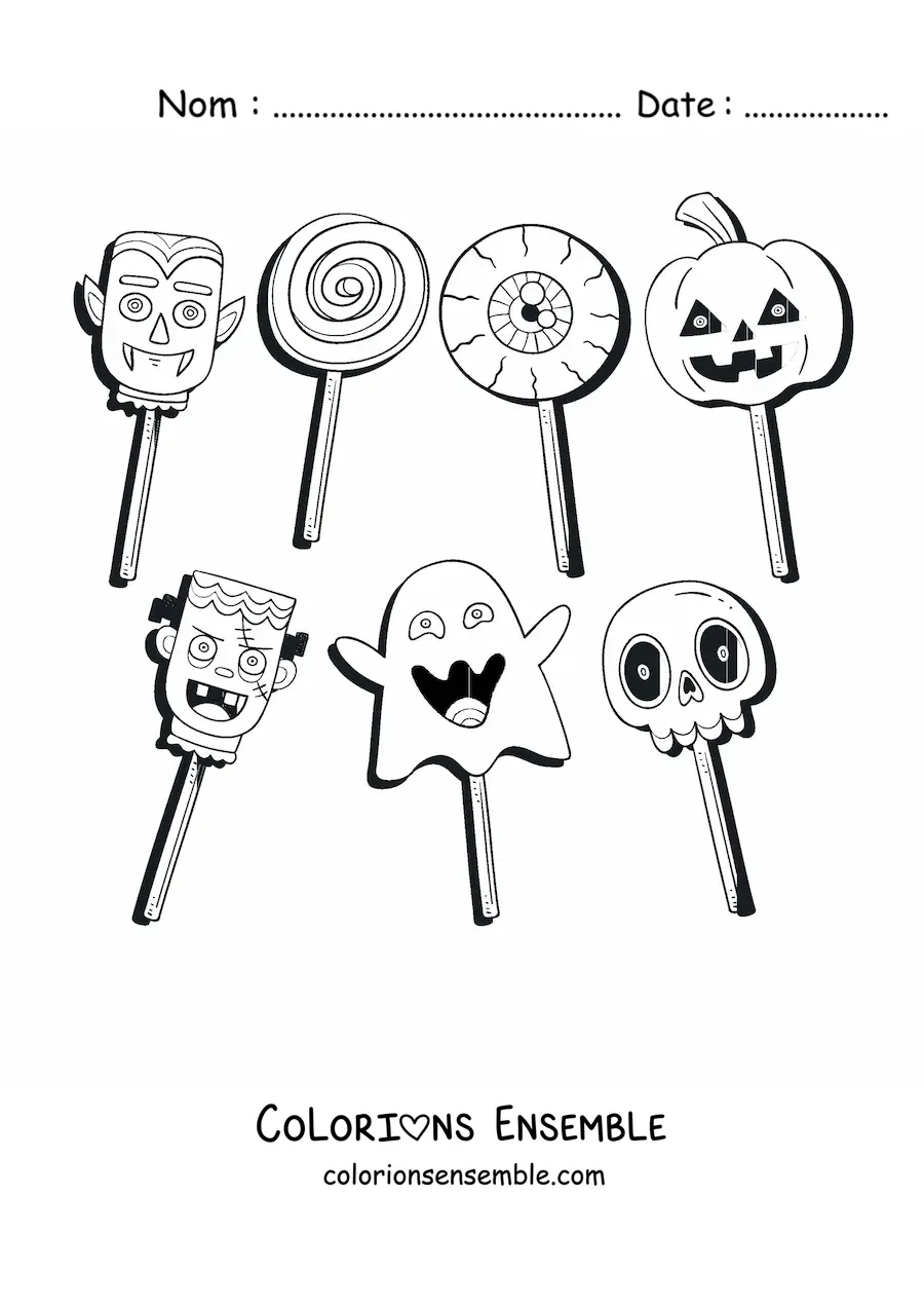 Image à colorier de plusieurs sucettes en forme de monstres et de symboles d'Halloween