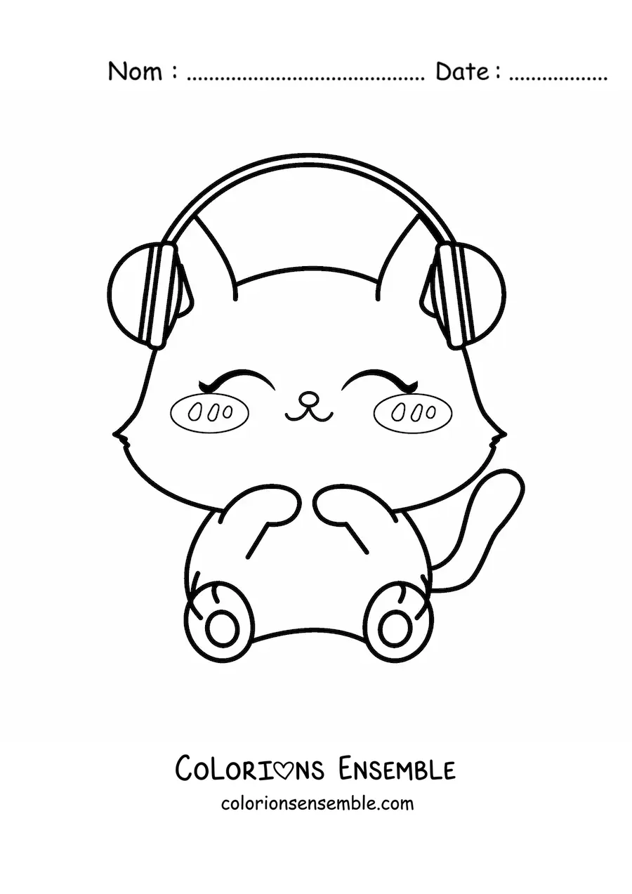 Coloriage d'un chat kawaii qui écoute de la musique