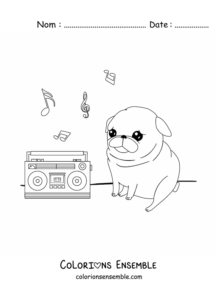 Coloriage d'un carlin kawaii qui écoute de la musique à la radio