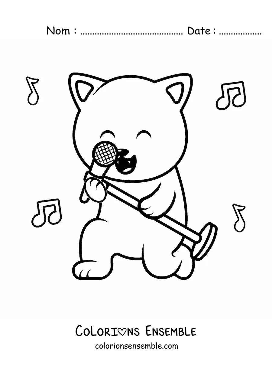 Coloriage d'un chat en dessin animé qui chante avec un micro