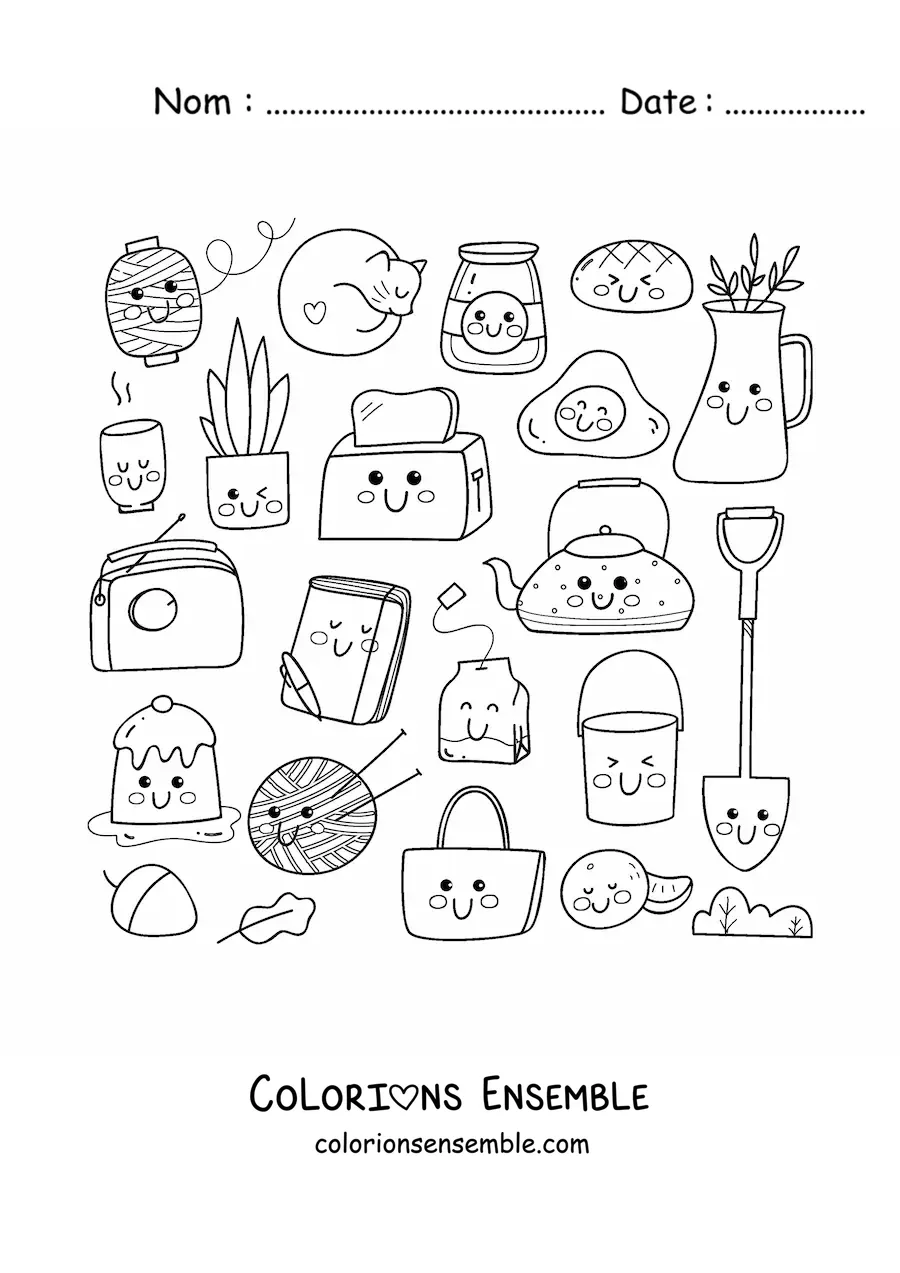 Coloriage d'un petit-déjeuner et d'objets de la maison kawaii