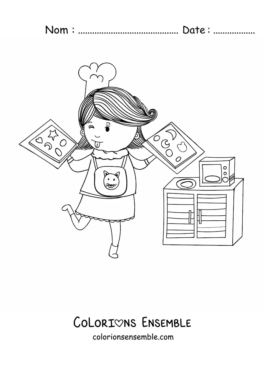 Image à colorier d'une fille qui fait des biscuits avec deux plaques dans les mains
