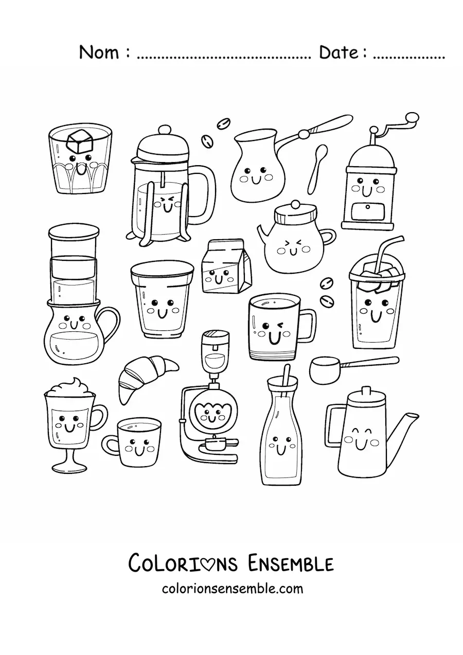 Coloriage de café et de plats de bistrot kawaii