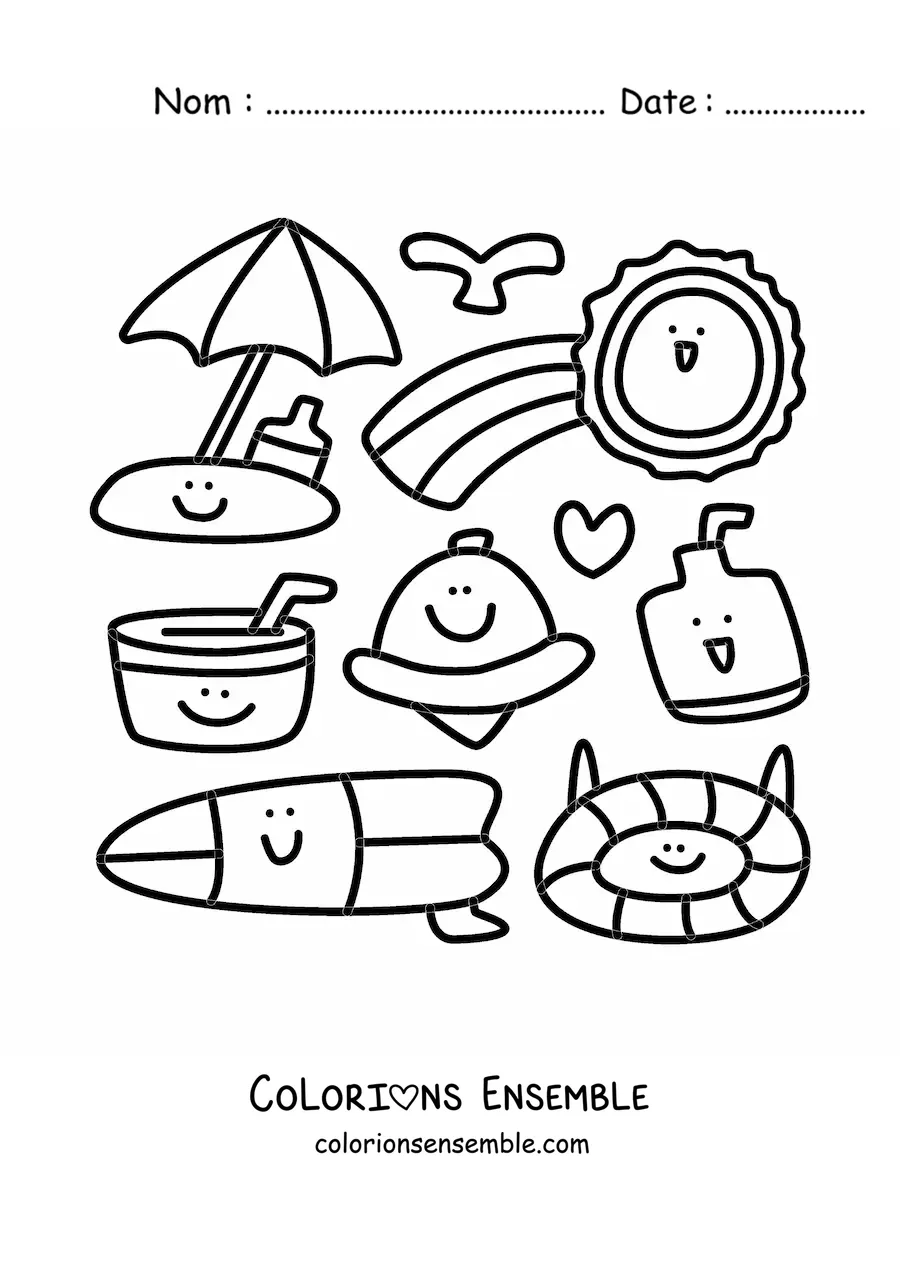 Coloriage d'objets de plage kawaii