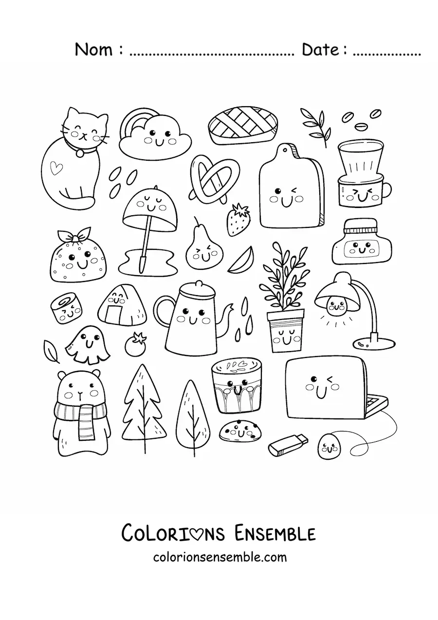 Coloriage d'un chat et d'objets de la maison kawaii