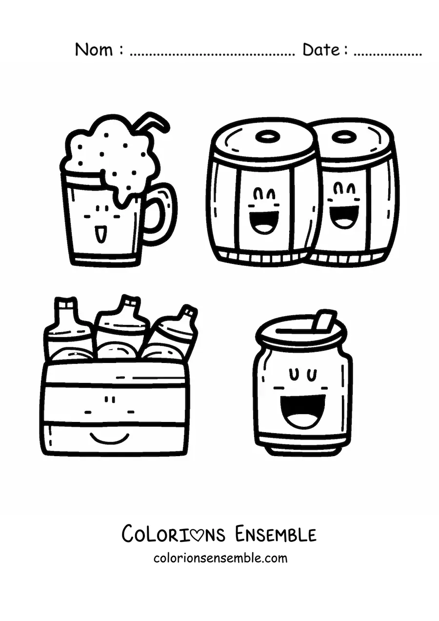 Coloriage de bière et de tonneaux kawaii