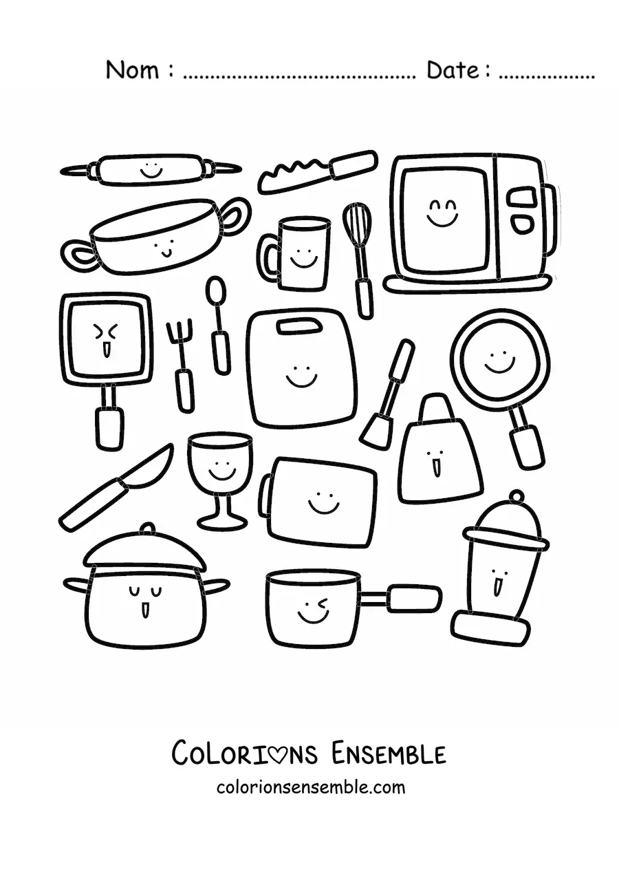 Coloriage d'ustensiles de cuisine kawaii