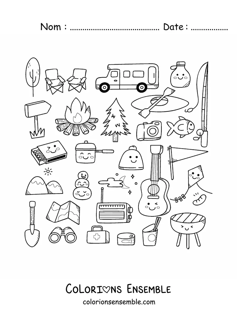 Coloriage d'objets de camping kawaii