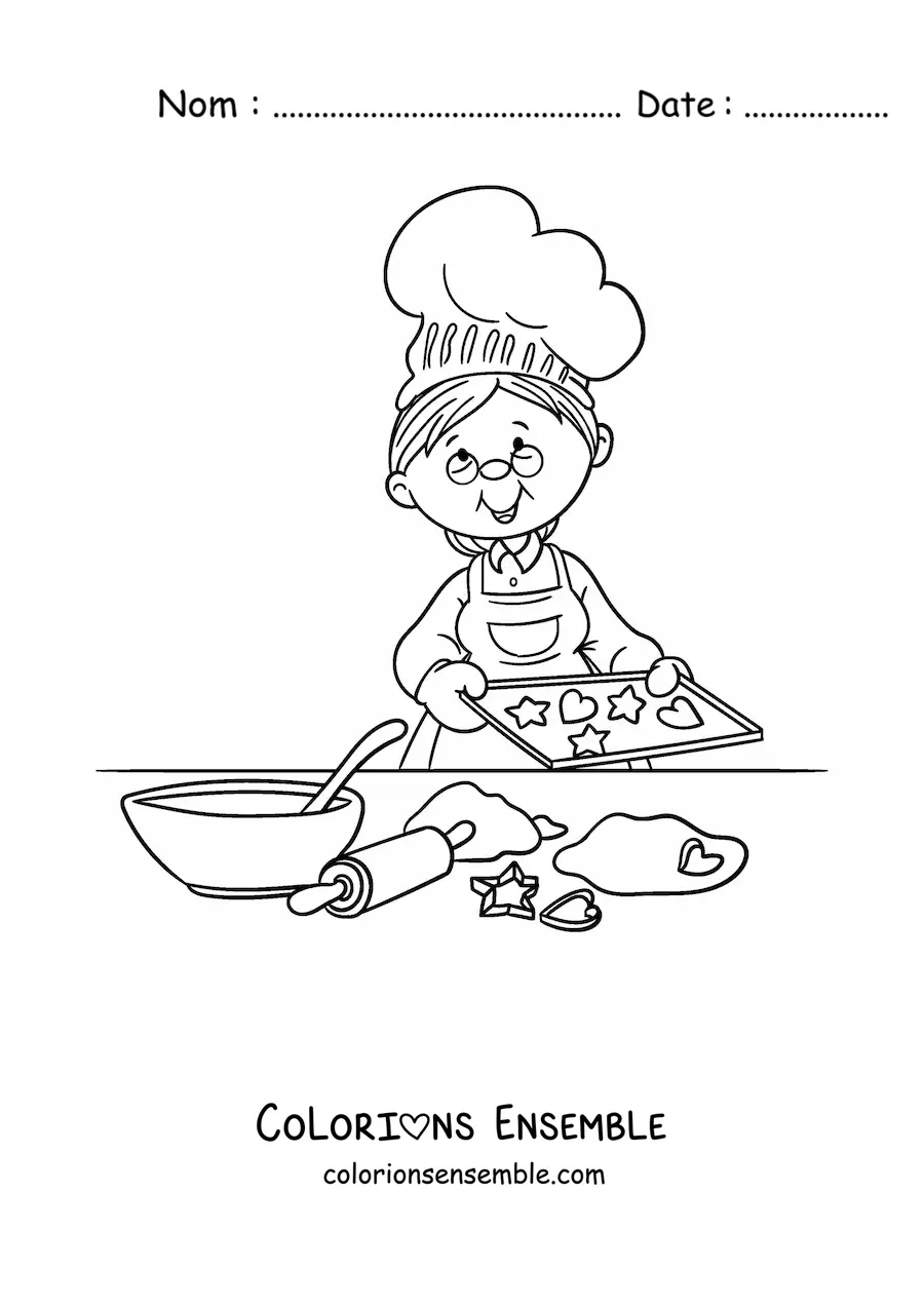 Image à colorier d'une grand-mère qui prépare des biscuits avec les ingrédients sur la table