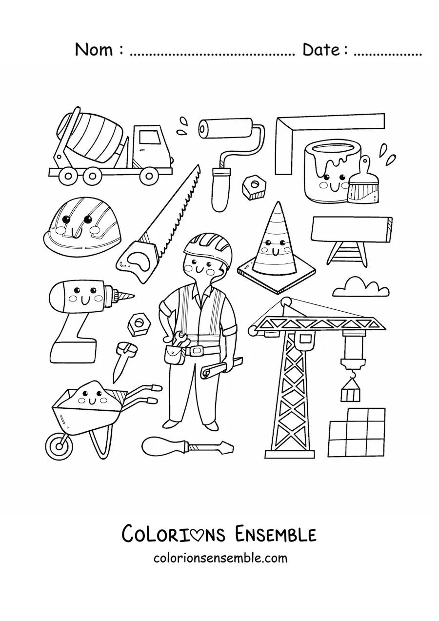Coloriage d'un ouvrier et d'éléments de construction kawaii