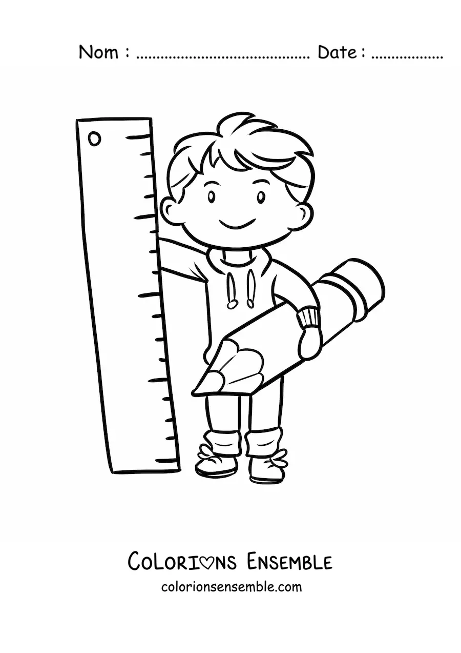 Coloriage d'un garçon kawaii avec un crayon et une règle