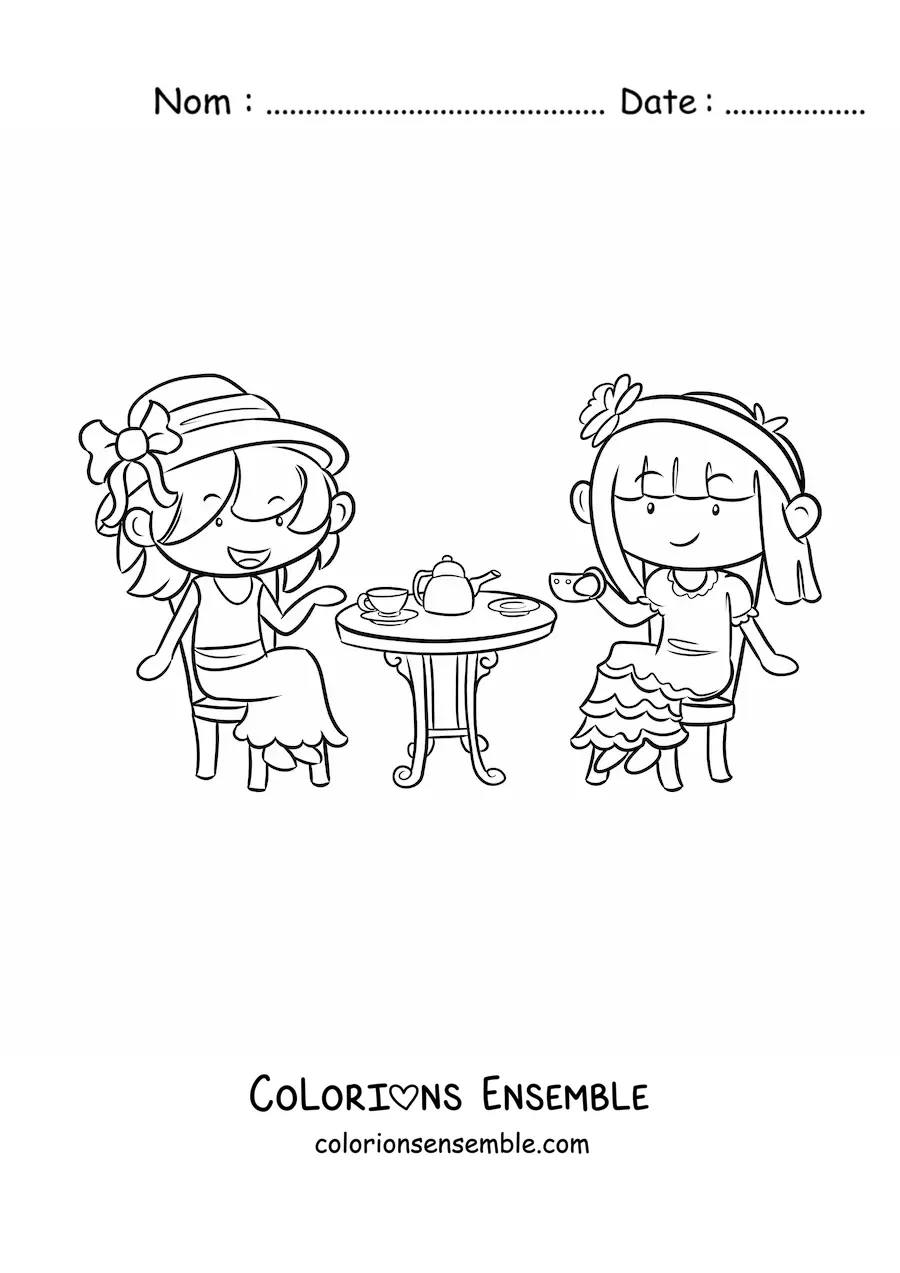 Coloriage de filles kawaii qui prennent le thé à une table