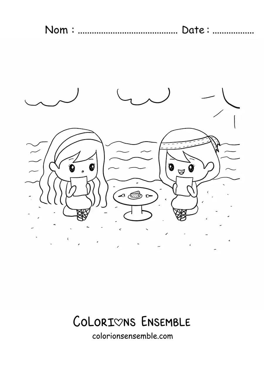 Coloriage de filles kawaii qui goûtent à une table ronde