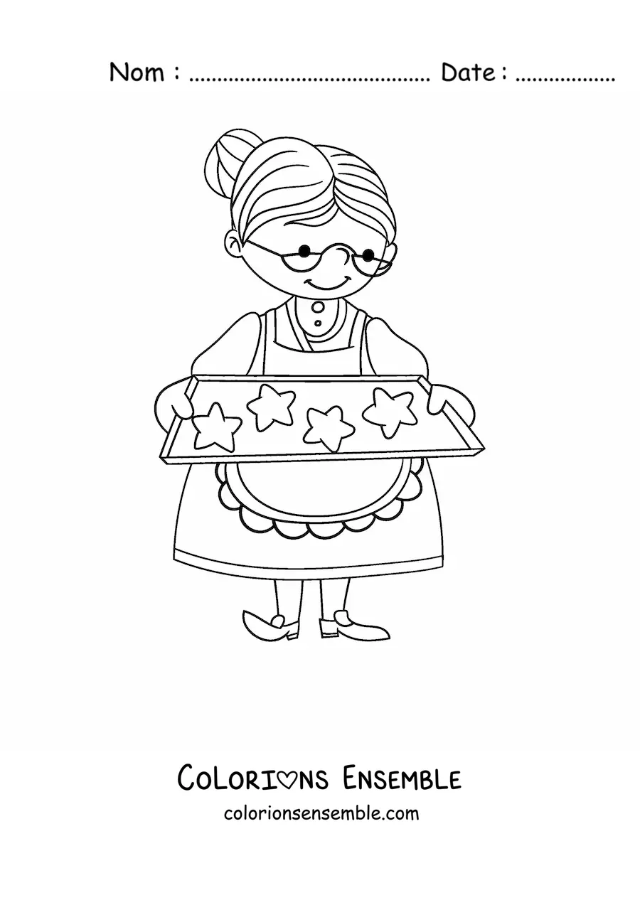 Image à colorier d'une grand-mère avec une plaque de biscuits en forme d'étoiles