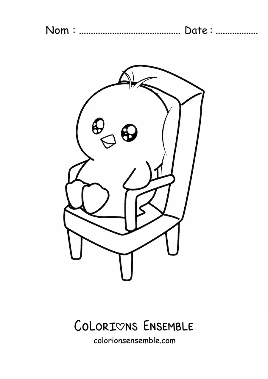 Coloriage d'un poussin kawaii assis sur une chaise