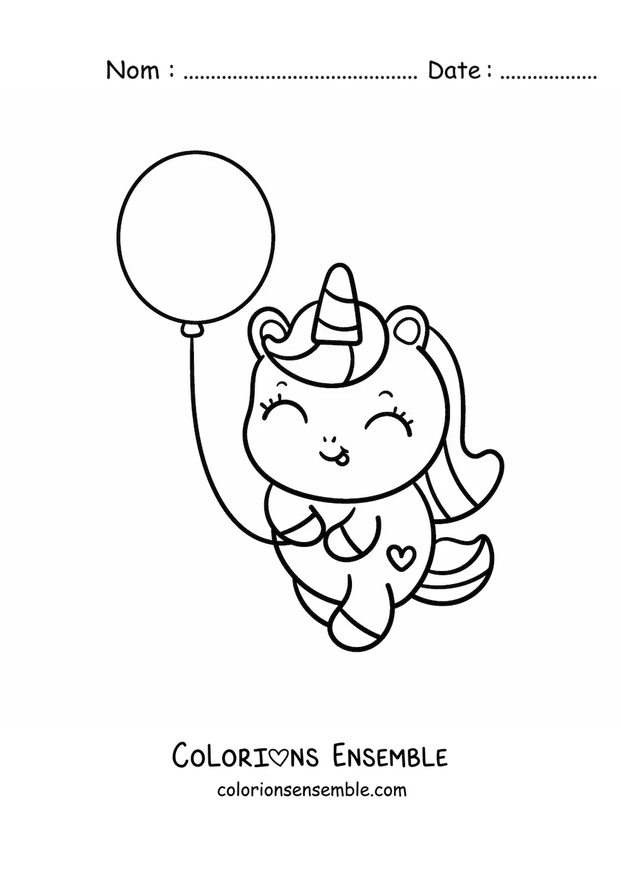 Coloriage d'une licorne kawaii avec un ballon
