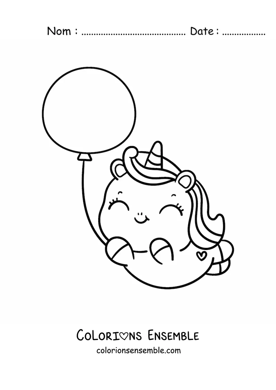 Coloriage d'une licorne kawaii avec un ballon