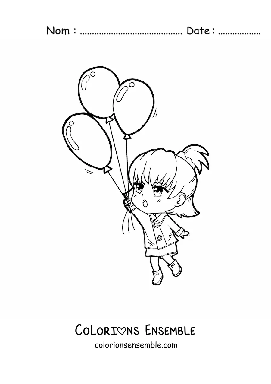 Coloriage d'une fille kawaii qui s'envole avec des ballons