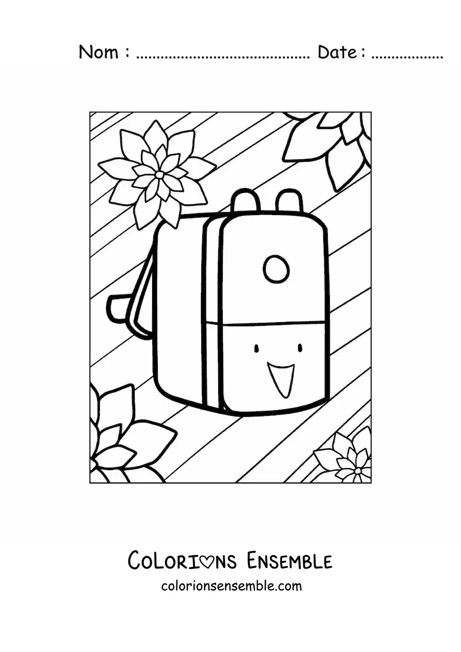 Coloriage d'un sac à dos d'école kawaii avec des fleurs