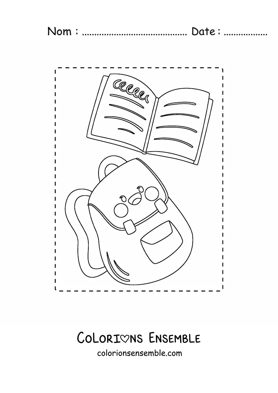 Coloriage d'un sac à dos d'école kawaii avec un cahier