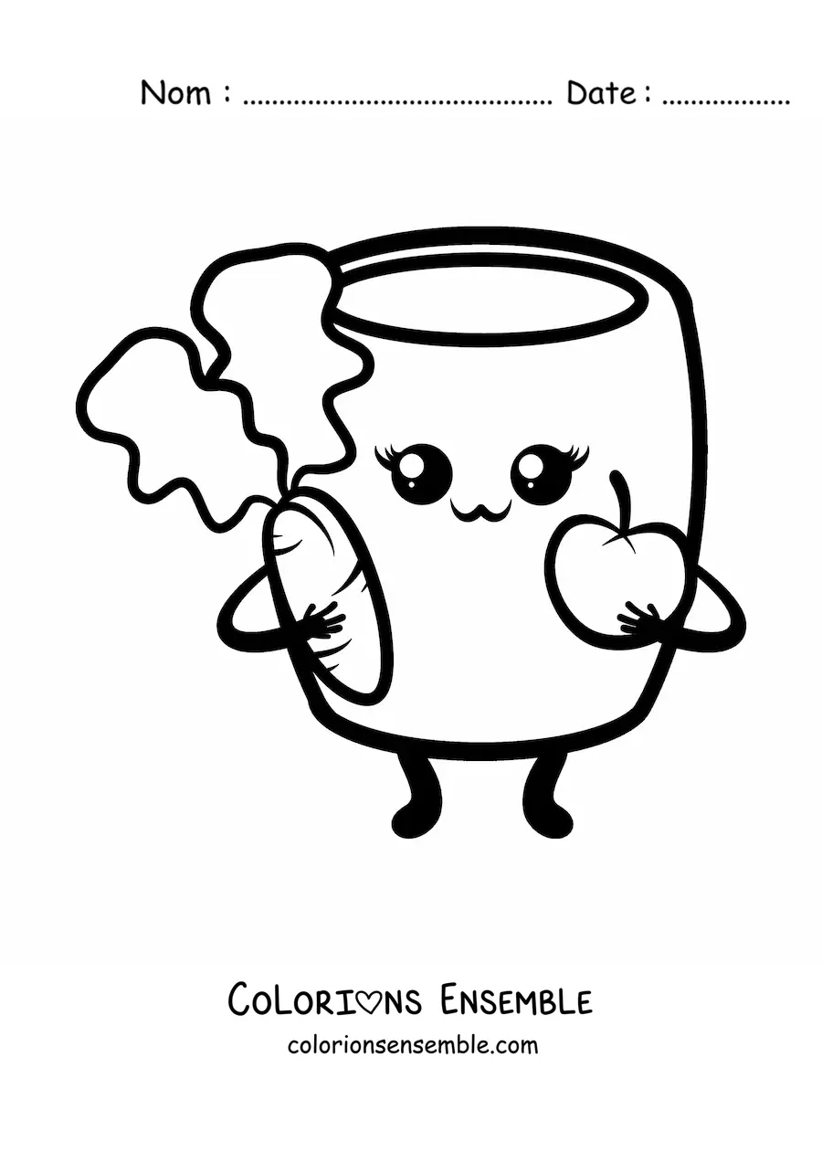Coloriage d'un verre kawaii bien rempli avec une pomme et une carotte